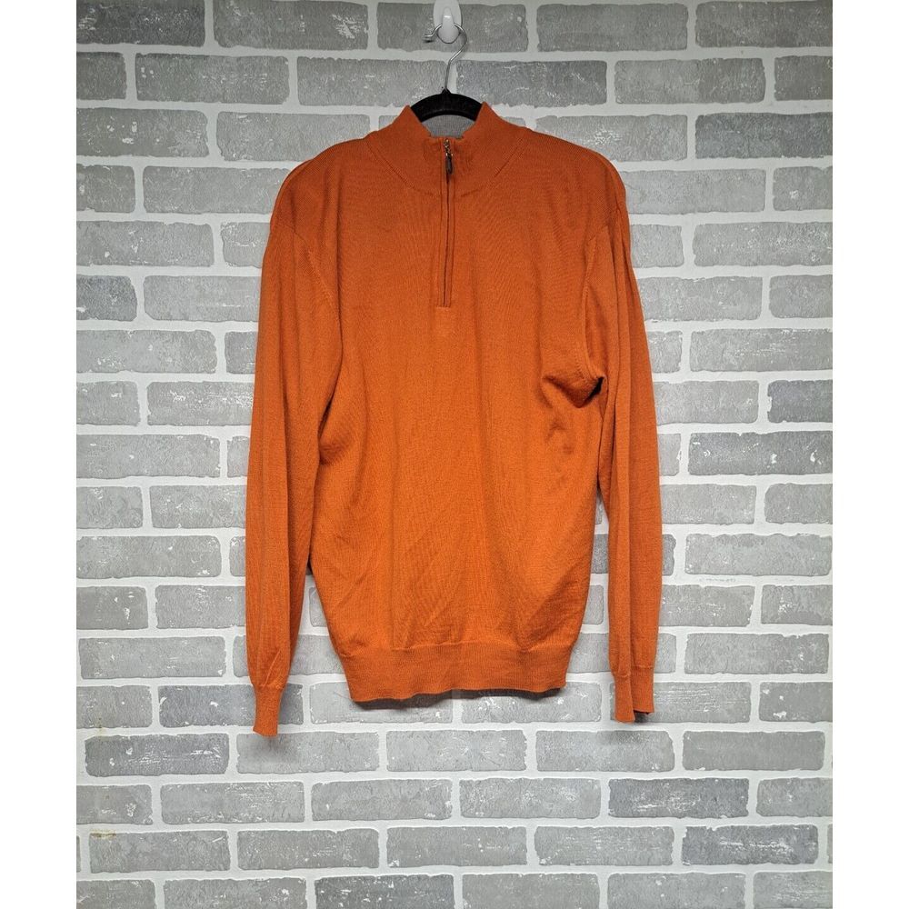 Neiman Marcus Mens Knit Orange Fall Merino Wool  1/4 Zip Pullover Sweater Size M
